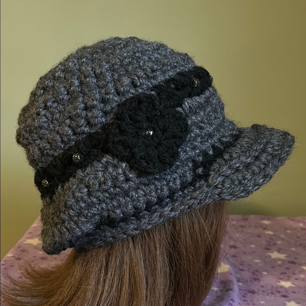 Elegant black Crochet Hat with faded Black Floral Detail thick acrylic yarn new